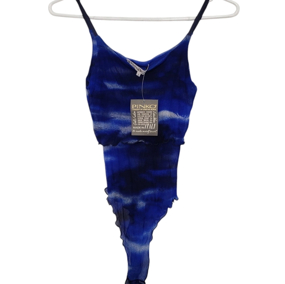 New Pinko Blue Tie-Dye Tiered Sheer Bodysuit